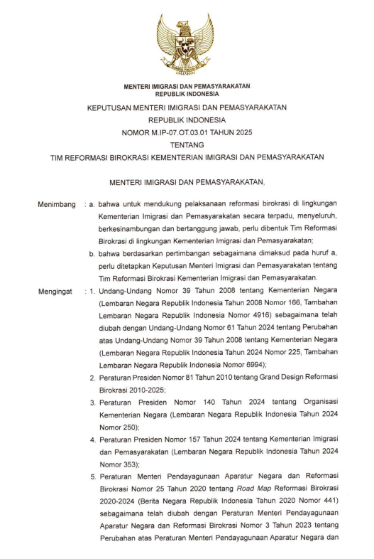 Keputusan Menteri Imigrasi dan Pemasyarakatan Nomor M.IP-7.0T.03.01 Tahun 2025 tentang Tim Reformasi Birokrasi Kementerian Imigrasi dan Pemasyarakatan